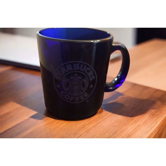 Starbucks Glass Coffee Mugs Cobalt Blue Etched Mermaid Logo USA Set of 3  12 oz - Picture 4 of 7